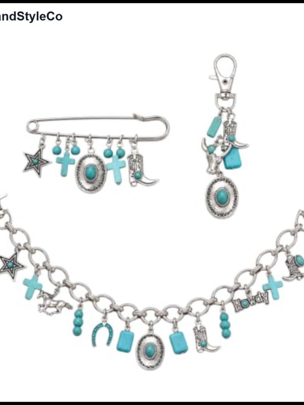 Western Bag Charms 3-Piece Turquoise Purse Chain Brooch Set Cowgirl Boho